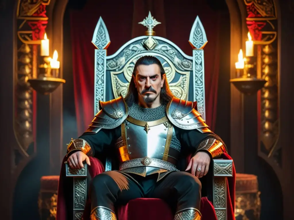 Retrato detallado de Vlad el Empalador en su trono, con armadura ornamental de dragones