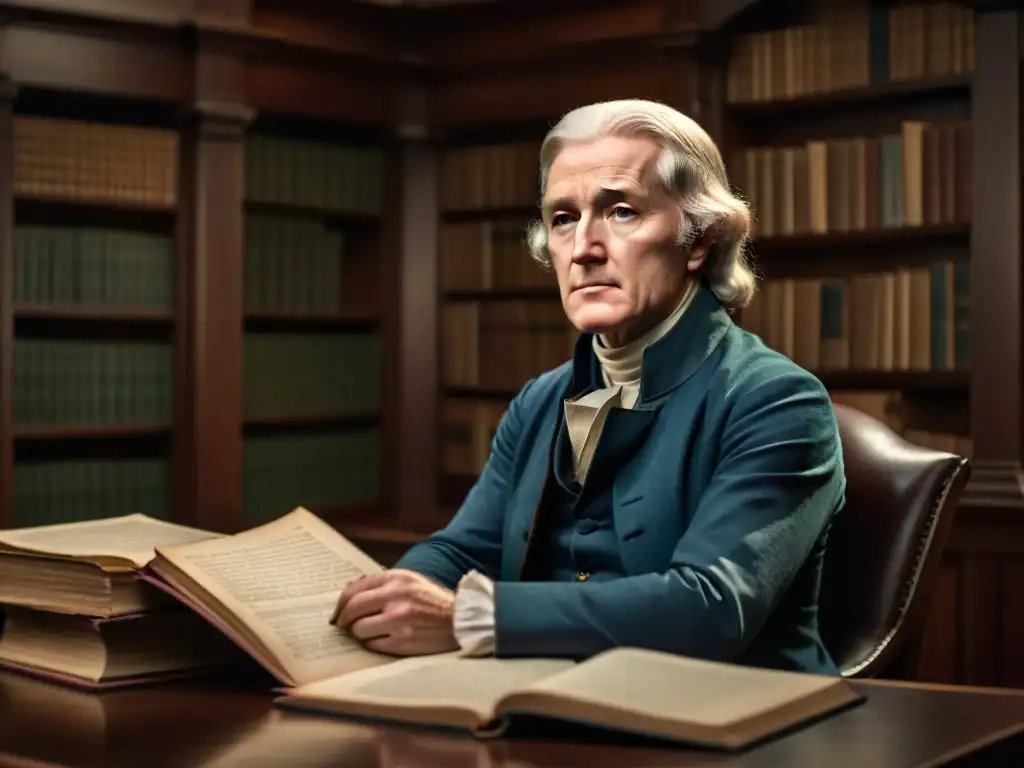 Retrato detallado de Thomas Jefferson en su estudio, rodeado de libros y papeles, sumido en profundos pensamientos