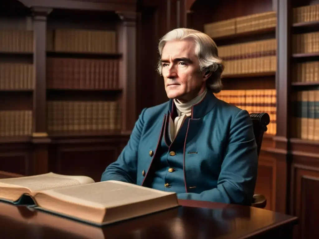 Retrato detallado de Thomas Jefferson en su estudio, rodeado de libros y documentos, con expresión contemplativa