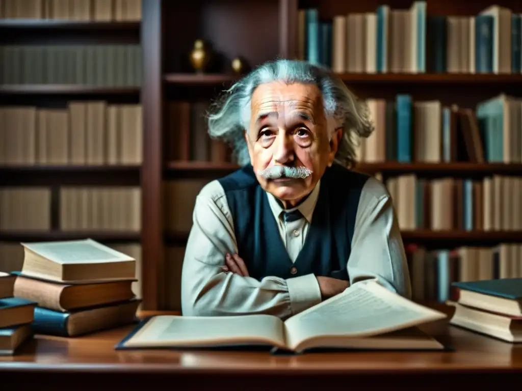 Retrato detallado de Albert Einstein en su estudio, rodeado de libros y papeles, sumergido en sus pensamientos