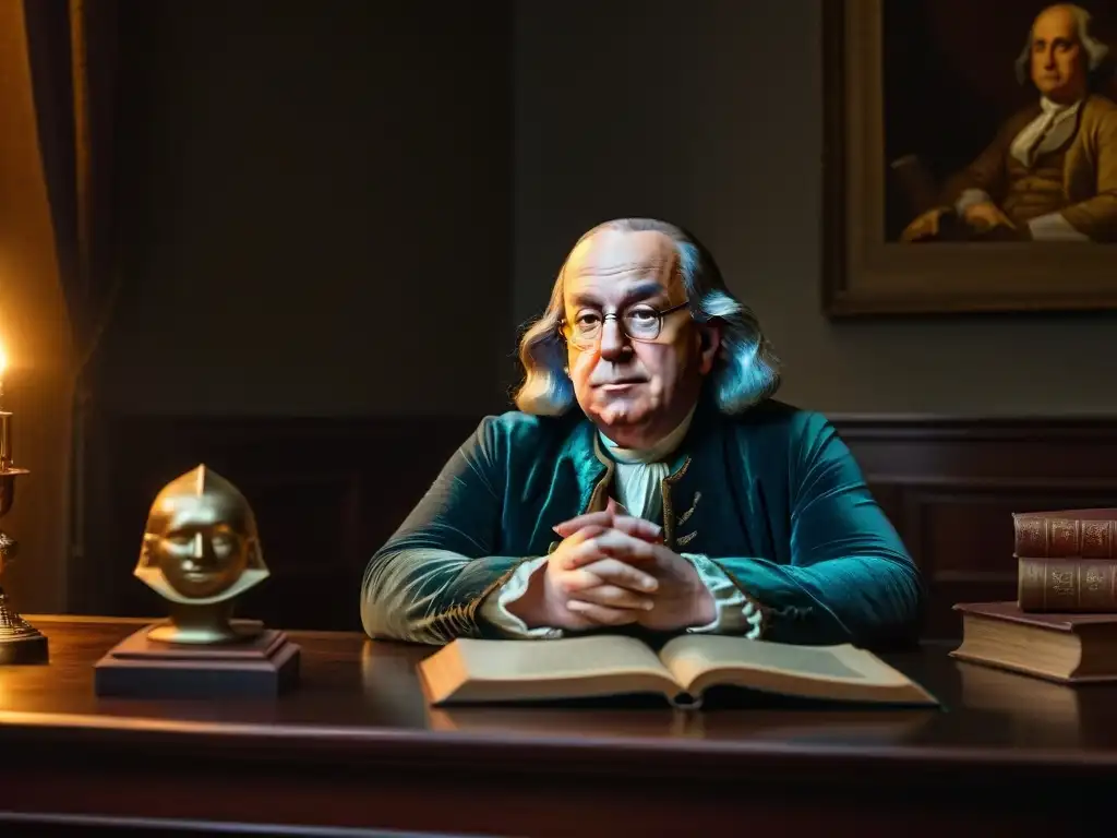 Retrato detallado de Benjamin Franklin y los Illuminati en una misteriosa reunión en una habitación oscura llena de artefactos antiguos