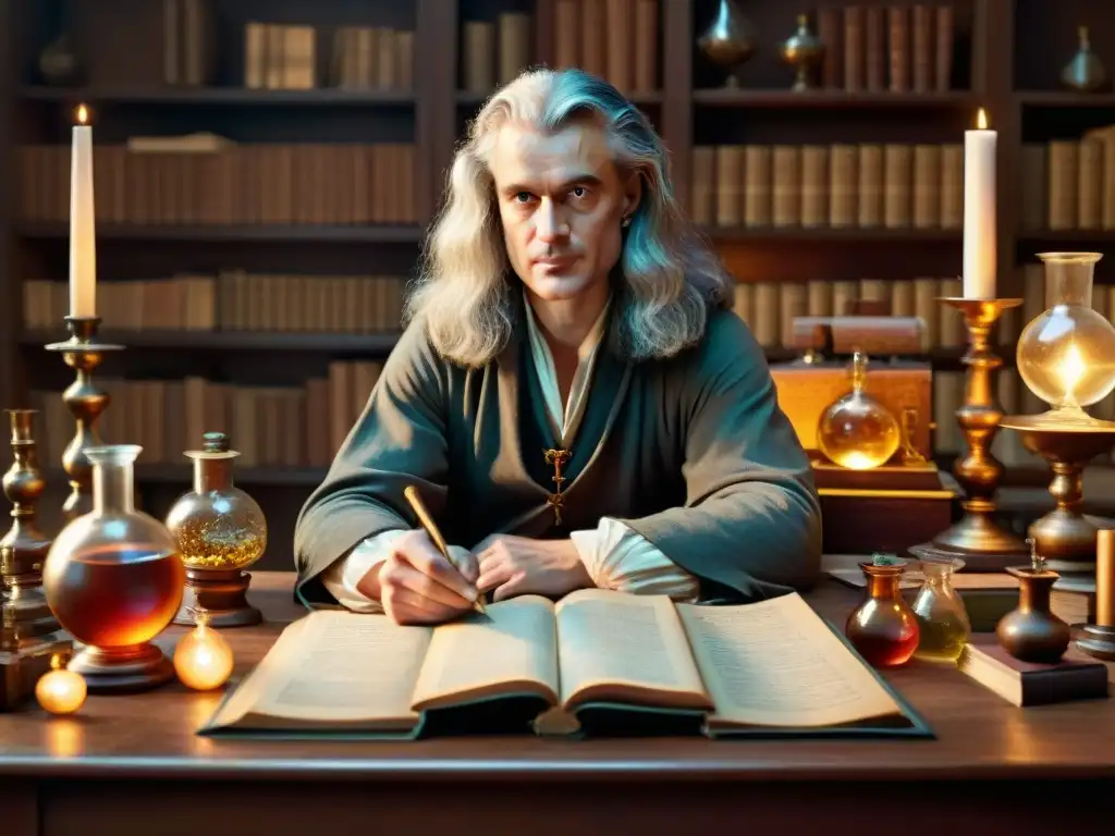 Retrato detallado de Isaac Newton en su laboratorio alquímico, rodeado de libros antiguos, frascos burbujeantes y herramientas científicas