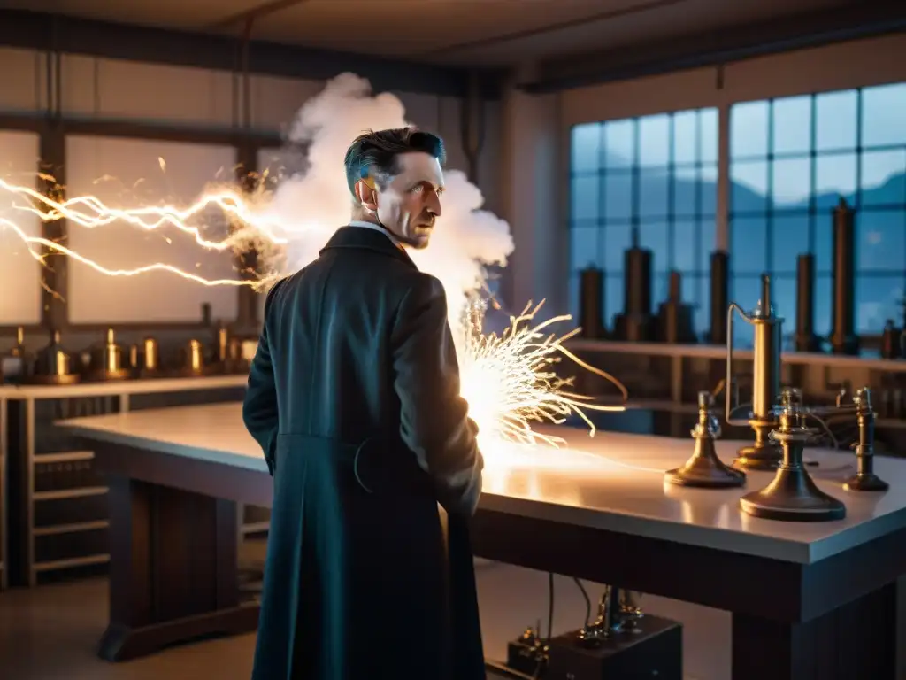 Retrato detallado de Nikola Tesla en su laboratorio rodeado de electricidad, inventos futuristas y máquinas brillantes, reflejando su genialidad