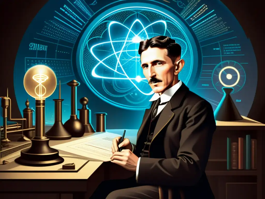 Un retrato detallado de Nikola Tesla en su laboratorio, rodeado de inventos futuristas y figuras sombrías de los Illuminati observando su trabajo