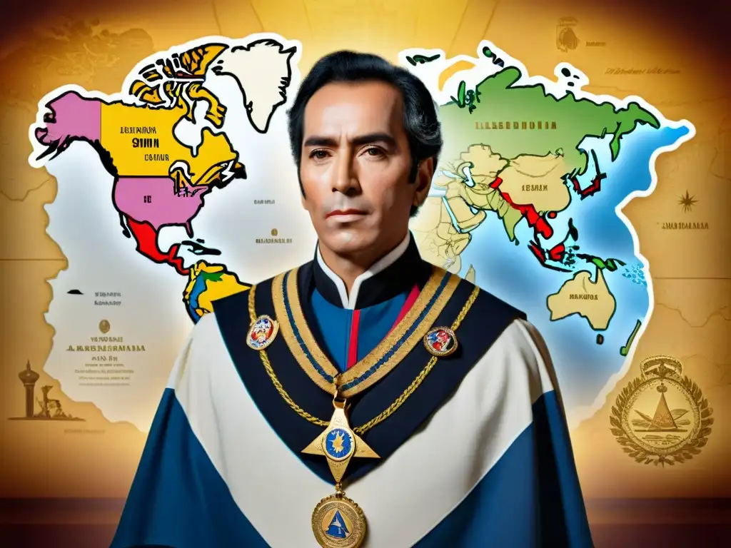 Retrato detallado de Simón Bolívar con mandil masónico y espada, rodeado de símbolos masónicos y mapa de América Latina