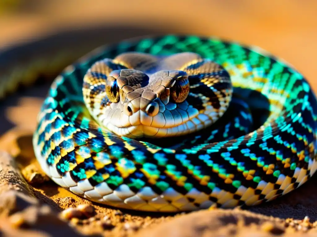 Un retrato fascinante de una serpiente de cascabel vibrante, con escamas reflejando la luz del sol, sus ojos penetrantes expresan peligro y misterio