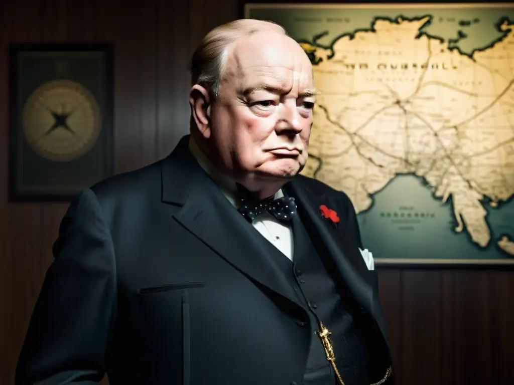Retrato de Winston Churchill en habitación sombría rodeado de figuras misteriosas, con símbolos enigmáticos