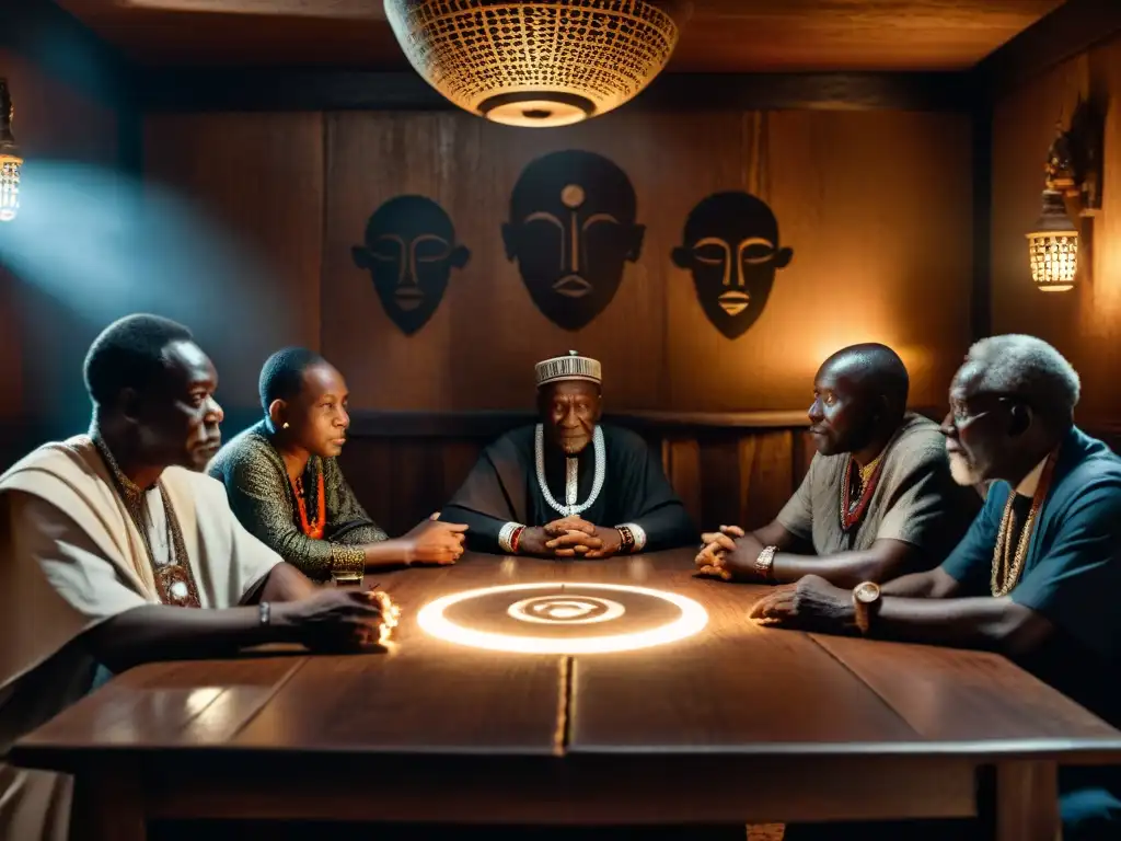 Reunión de ancianos africanos en penumbra, con símbolos misteriosos y artefactos sobre mesa de madera, exudando sabiduría ancestral y secreto