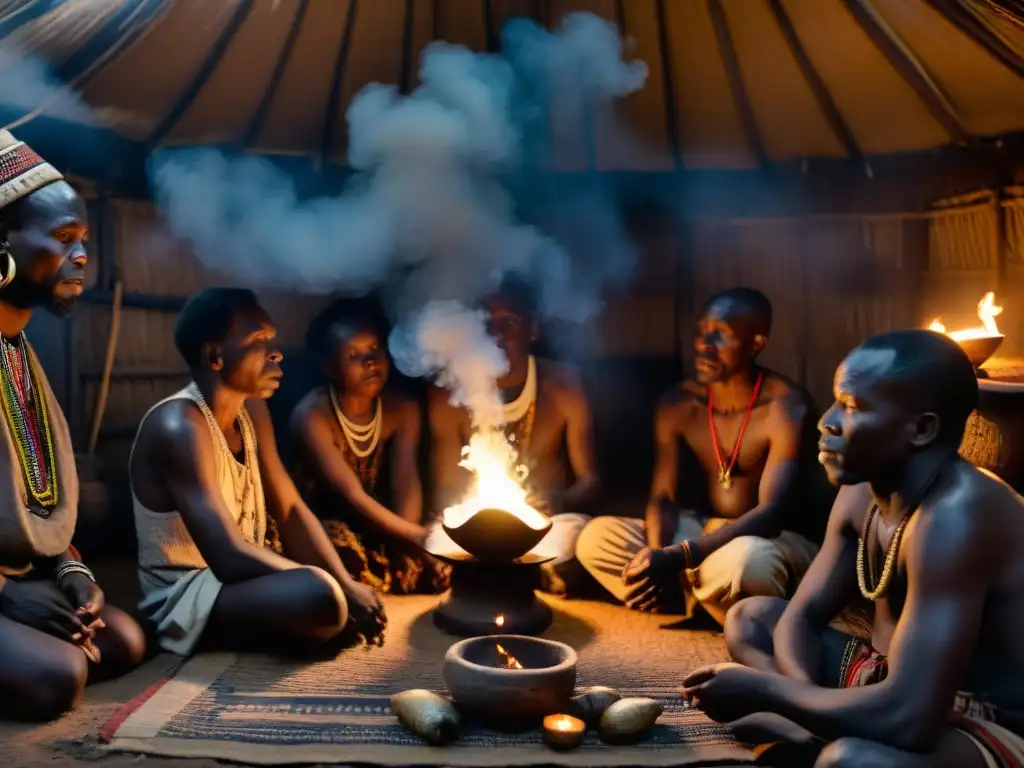 Reunión clandestina de ancianos en una cabaña africana iluminada por velas