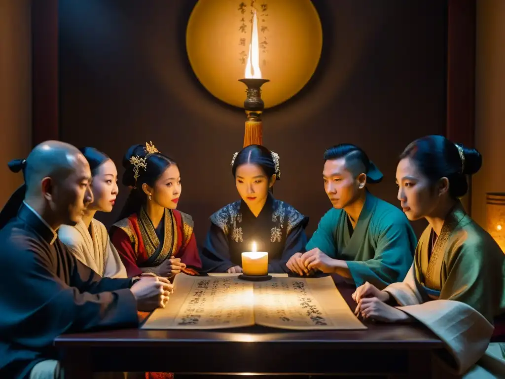 Reunión clandestina de figuras asiáticas en un cuarto iluminado por velas