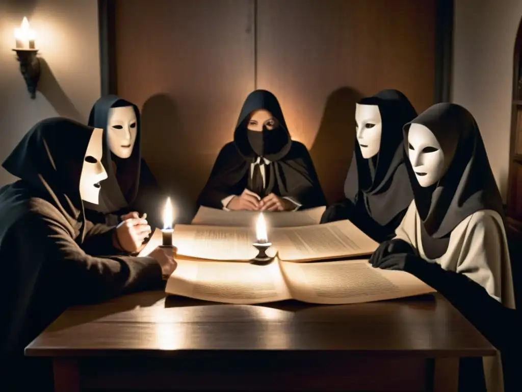 Reunión clandestina en una habitación sombría con individuos enmascarados y capas, evocando influencia sociedades secretas movimientos sociales