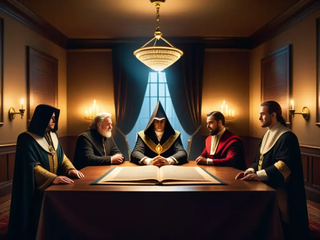 Reunión clandestina de Illuminati en una sala opulenta y sombría