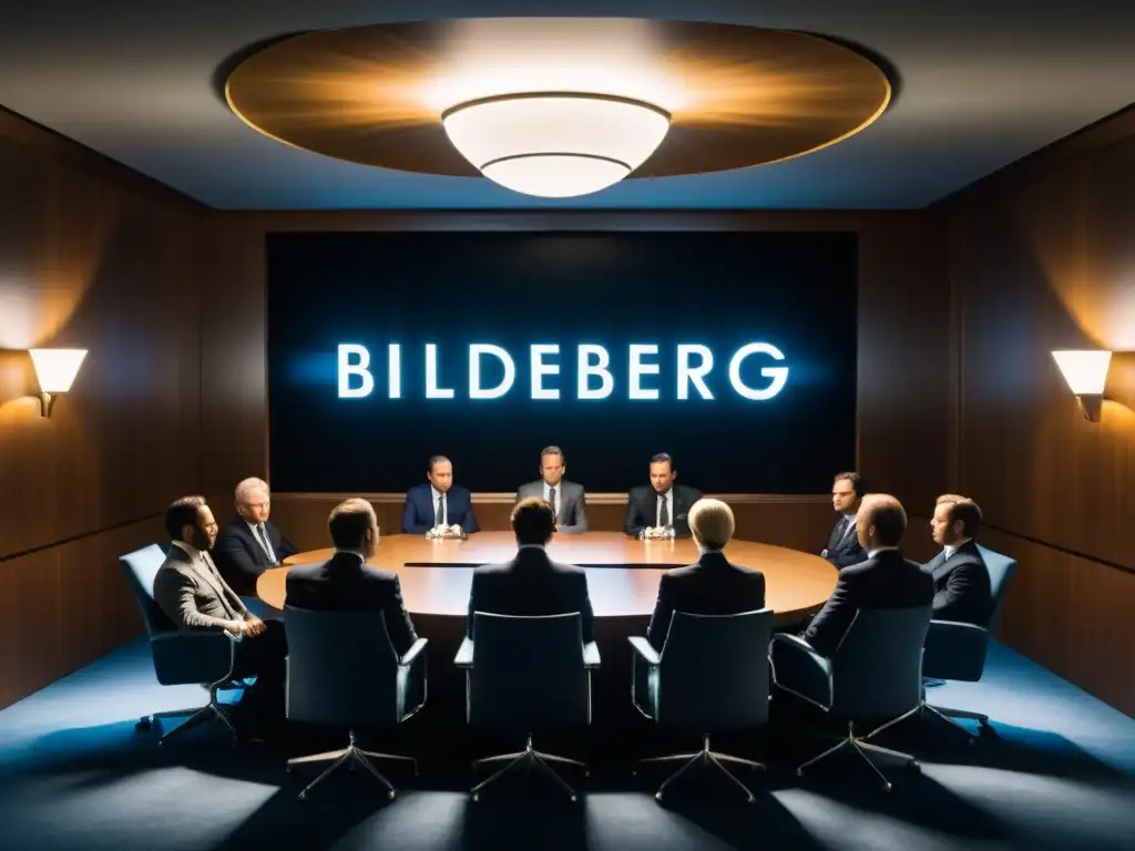 Una reunión clandestina en una sala misteriosa con estructuras secretas Bilderberg reveladas