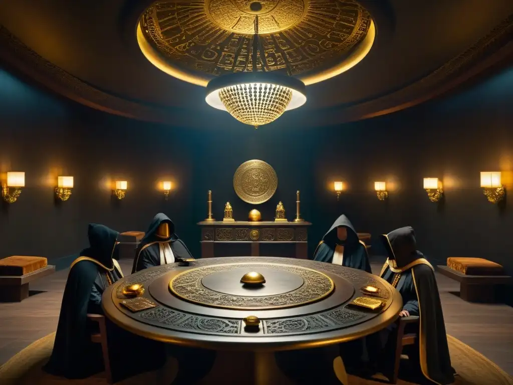 Una reunión clandestina en una sala misteriosa, con figuras en capuchas alrededor de una mesa llena de artefactos antiguos y objetos dorados