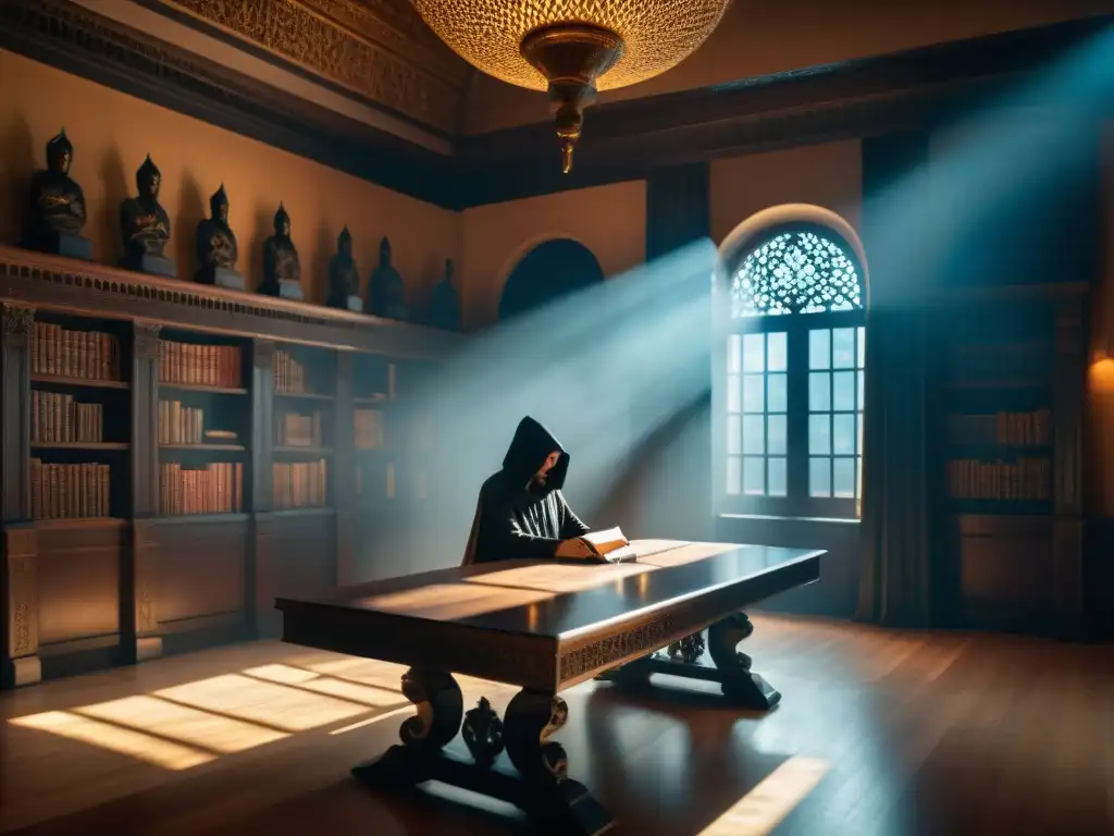 Reunión clandestina en sala misteriosa llena de secretos y símbolos Reunión clandestina en sala lúgubre de sociedad secreta