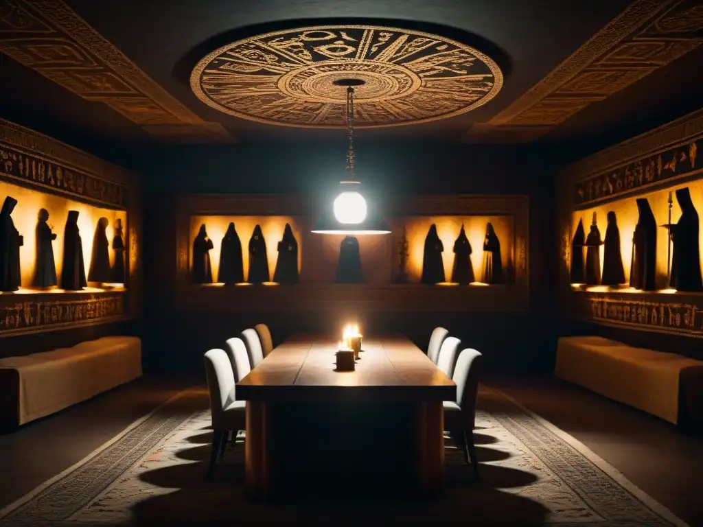 Una reunión clandestina en una sala subterránea iluminada por velas, donde figuras sombrías planifican en secreto