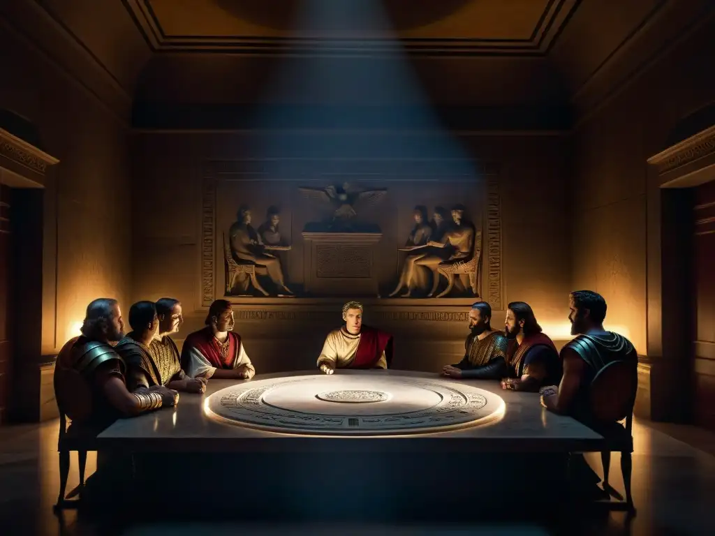 Reunión clandestina de senadores romanos en la Sociedad Secreta de Júpiter Reunión clandestina de senadores romanos en la Sociedad secreta Júpiter influencia, en una atmósfera tensa y llena de intriga