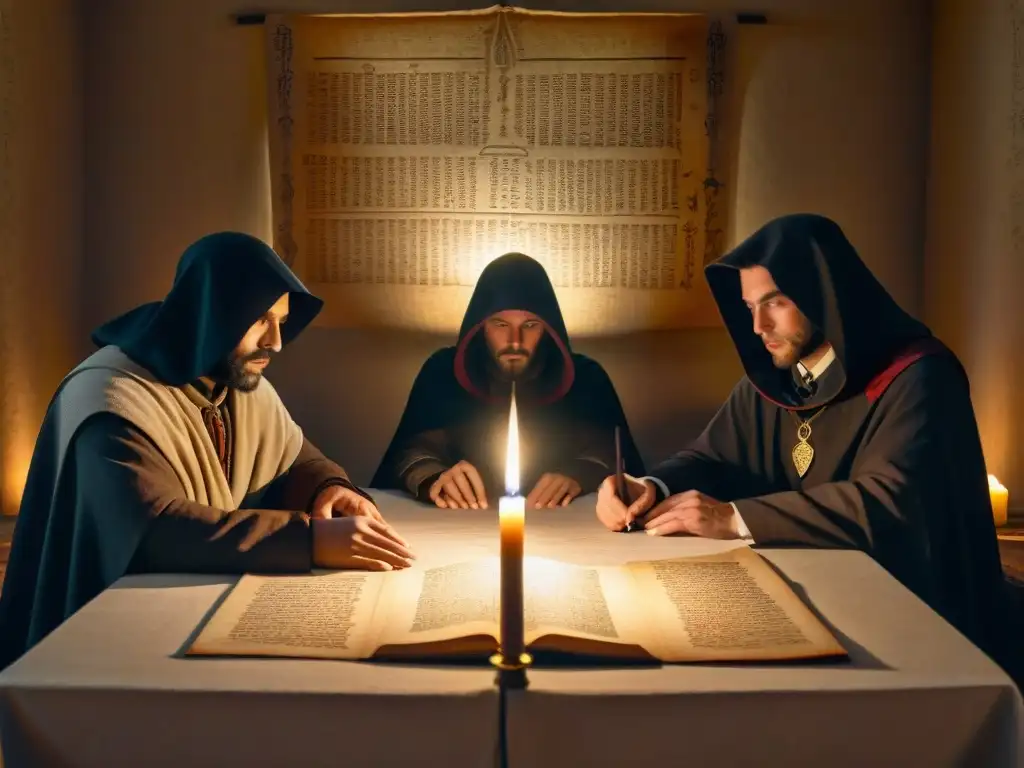 Reunión clandestina de sociedades secretas en una habitación llena de misterio e intriga