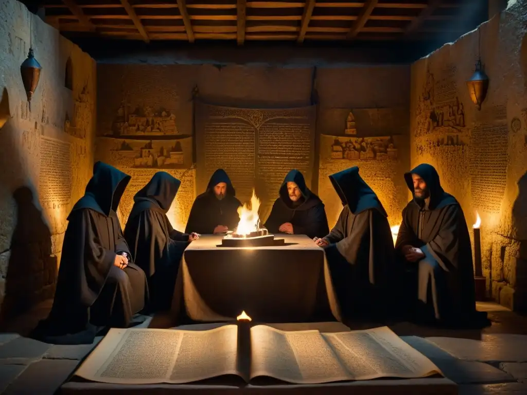 Conspiración en la Cámara Medieval: Figuras misteriosas debaten en penumbra Una reunión clandestina de sociedades secretas en una cámara medieval iluminada débilmente por antorchas