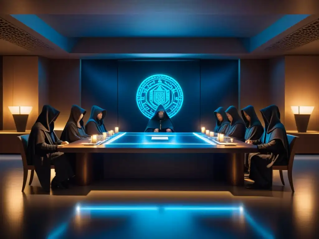 Reunión clandestina de sociedades secretas en sala de tecnología futurista con velas y símbolos antiguos