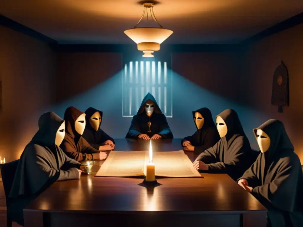 Misteriosa reunión en sala clandestina de sociedad secreta Reunión clandestina de sociedades secretas en sala misteriosa con símbolos y conspiraciones financieras bajo la luz de velas