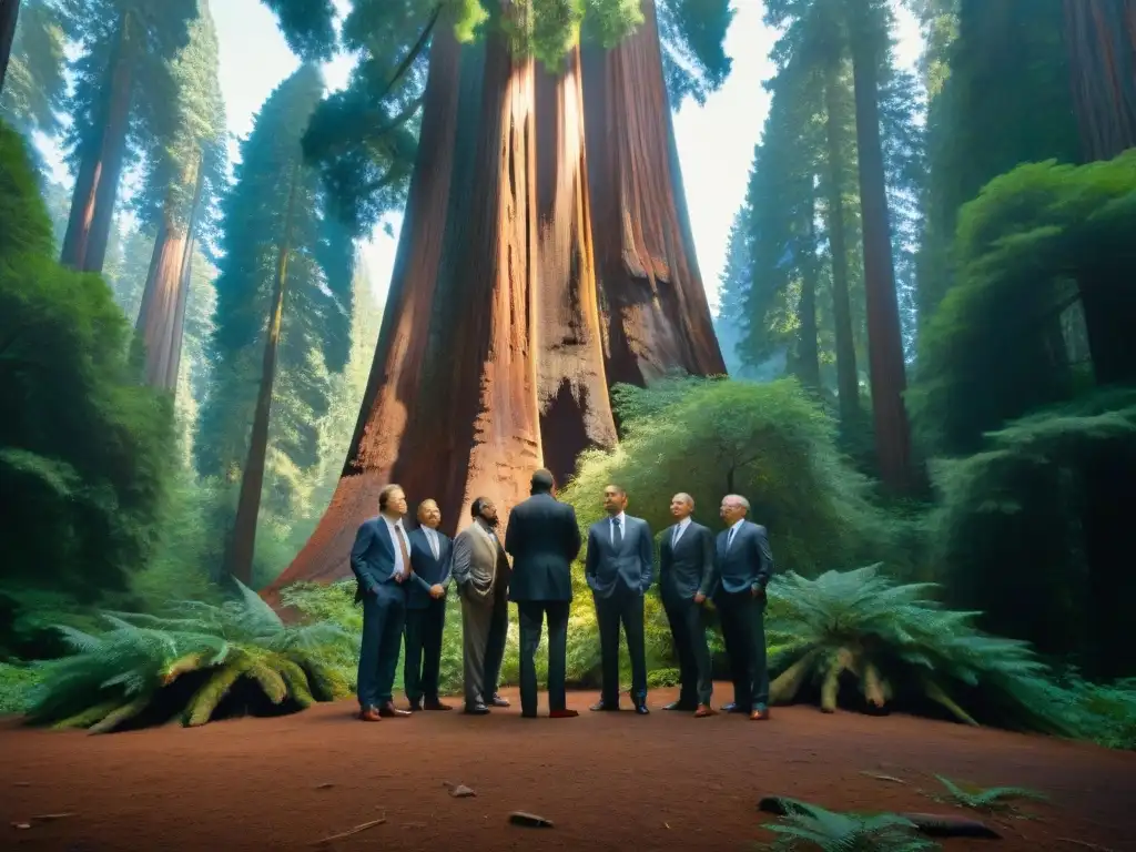 Reunión de élites en Bohemian Grove: secretos sociedad, misteriosa conversación bajo un imponente árbol rojo