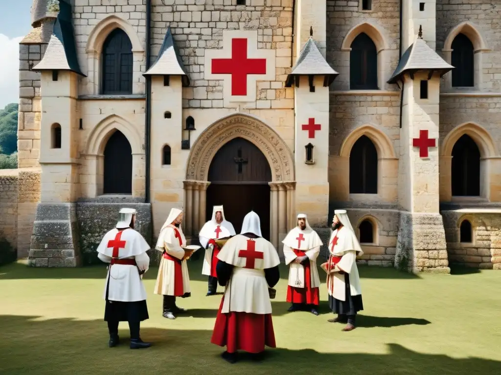 Reunión de influencia Caballeros Templarios sociedad moderna frente a fortaleza medieval