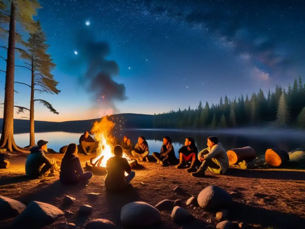 Reunión misteriosa alrededor de fogata en el bosque, iluminada por estrellas