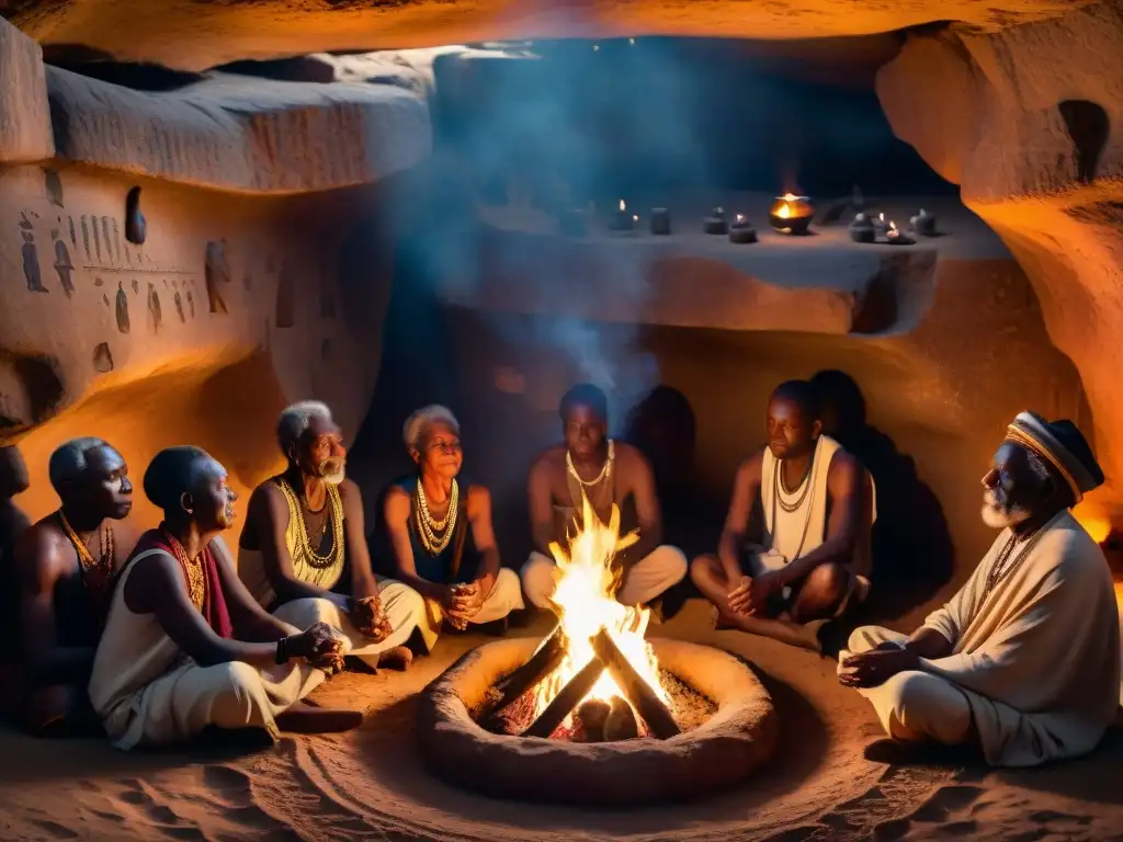 Reunión en penumbra de ancianos africanos en ritual secreto, símbolos en manos y miradas sabias