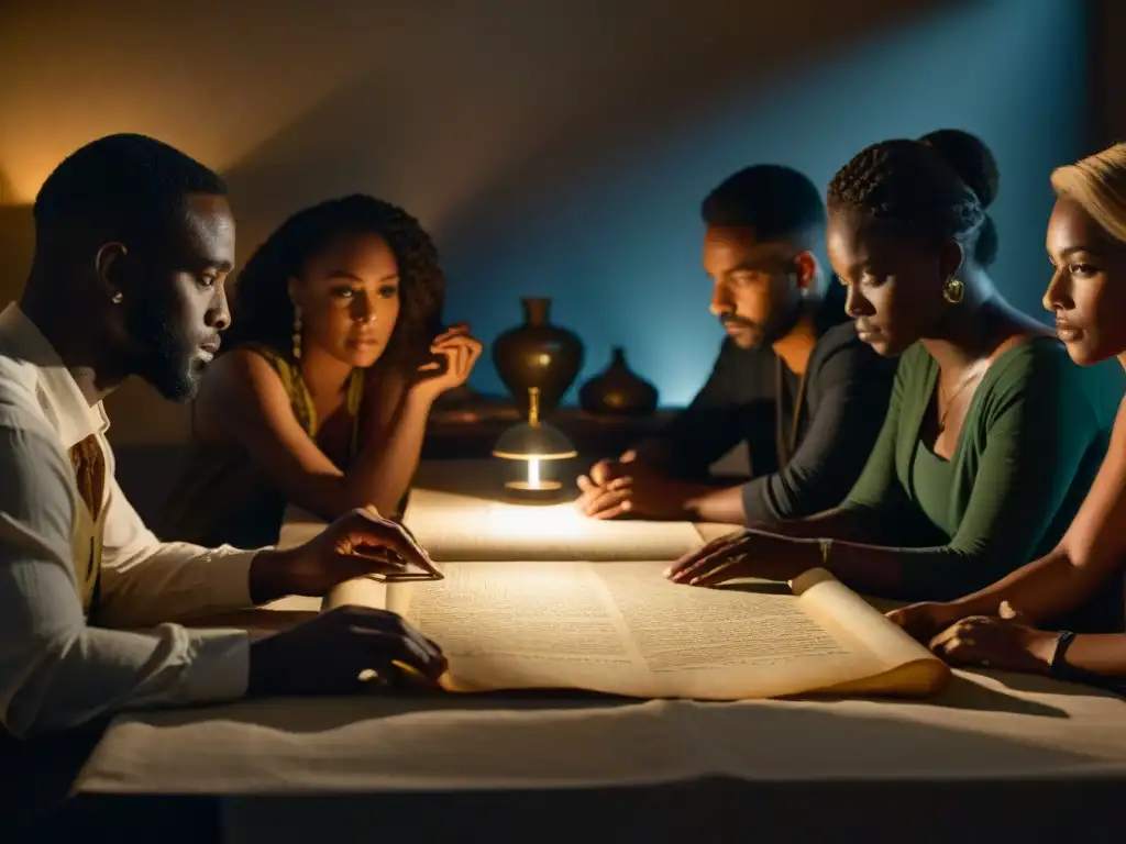 Una reunión en penumbra de individuos diversos discutiendo en torno a artefactos misteriosos y antiguos, creando una atmósfera tensa y enigmática