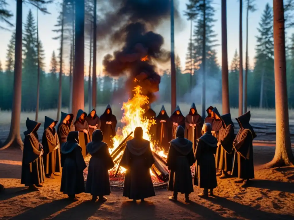 Una reunión ritual de la Orden del Fénix, con símbolos místicos y una hoguera en el bosque