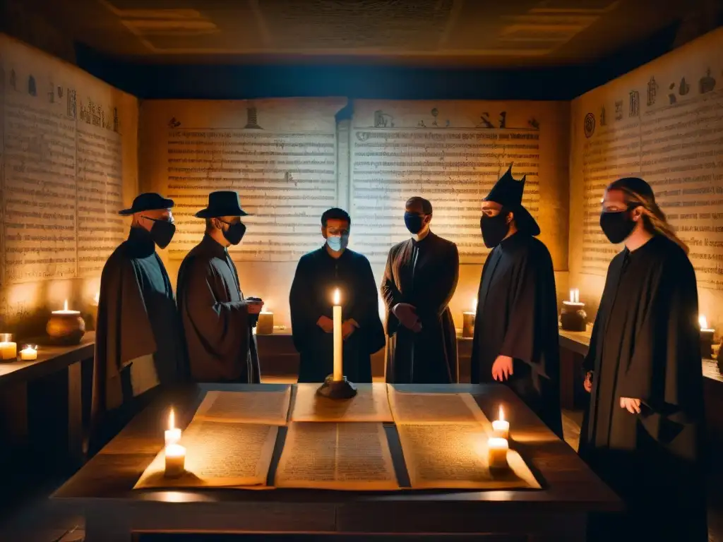 Reunión secreta de figuras en túnicas oscuras y máscaras, rodeando una mesa con manuscritos antiguos y símbolos crípticos
