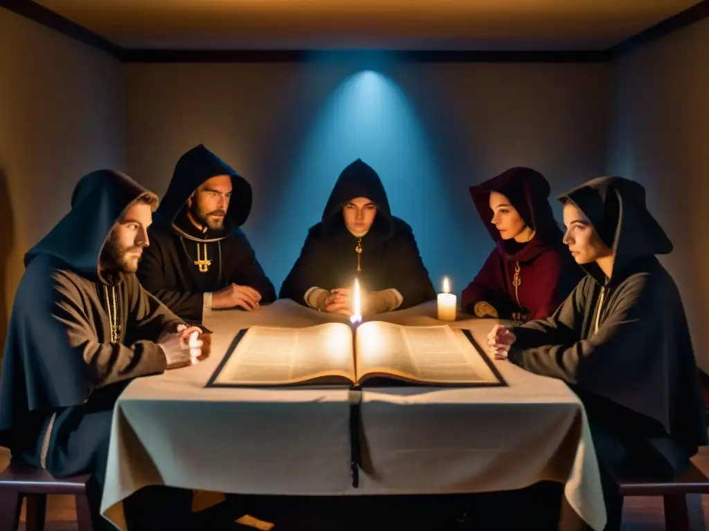 Reunión secreta en una habitación iluminada por velas con personas vestidas de forma misteriosa y libros de numerología antigua en la mesa