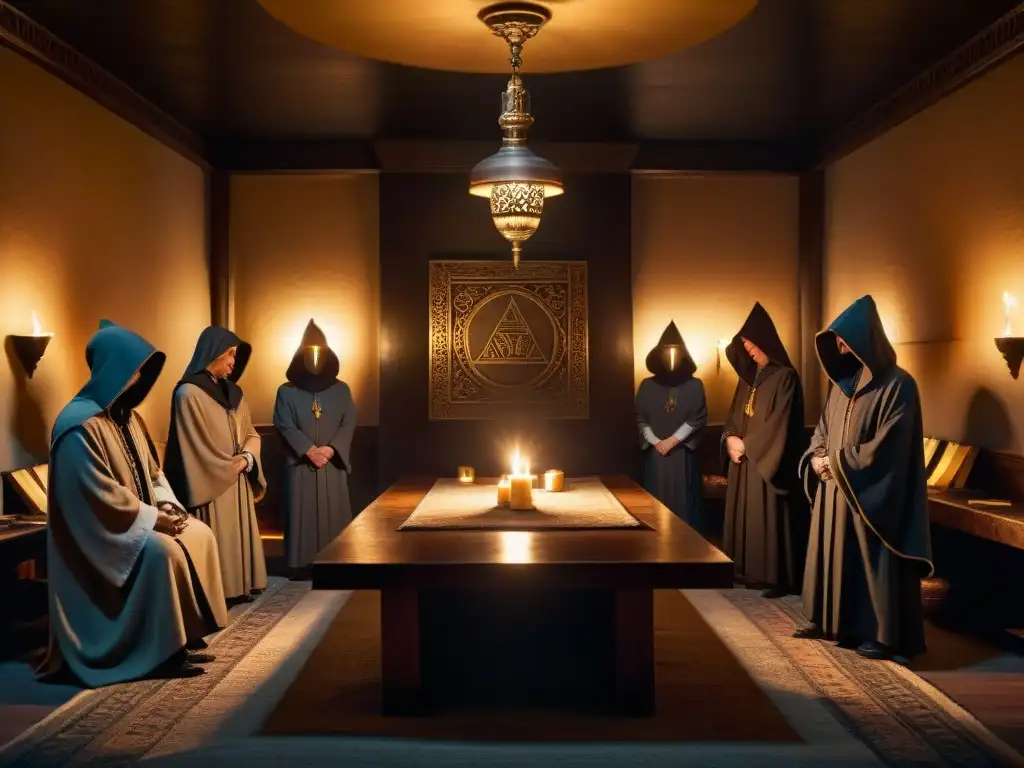 Reunión secreta de los Illuminati hoy en una sala misteriosa iluminada por velas