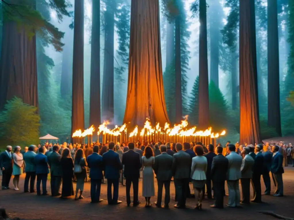 Una reunión secreta en Bohemian Grove entre individuos influyentes, iluminados por antorchas mientras discuten misterios