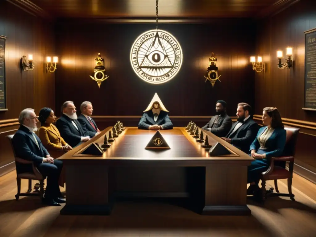 Una reunión secreta de la influencia Illuminati en la Revolución Industrial, con figuras prominentes en un ambiente intrigante y misterioso