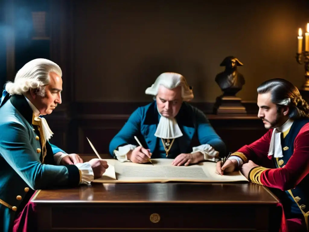 Reunión secreta de masones en la Revolución Francesa: hombres intrigados frente a mesa iluminada por velas