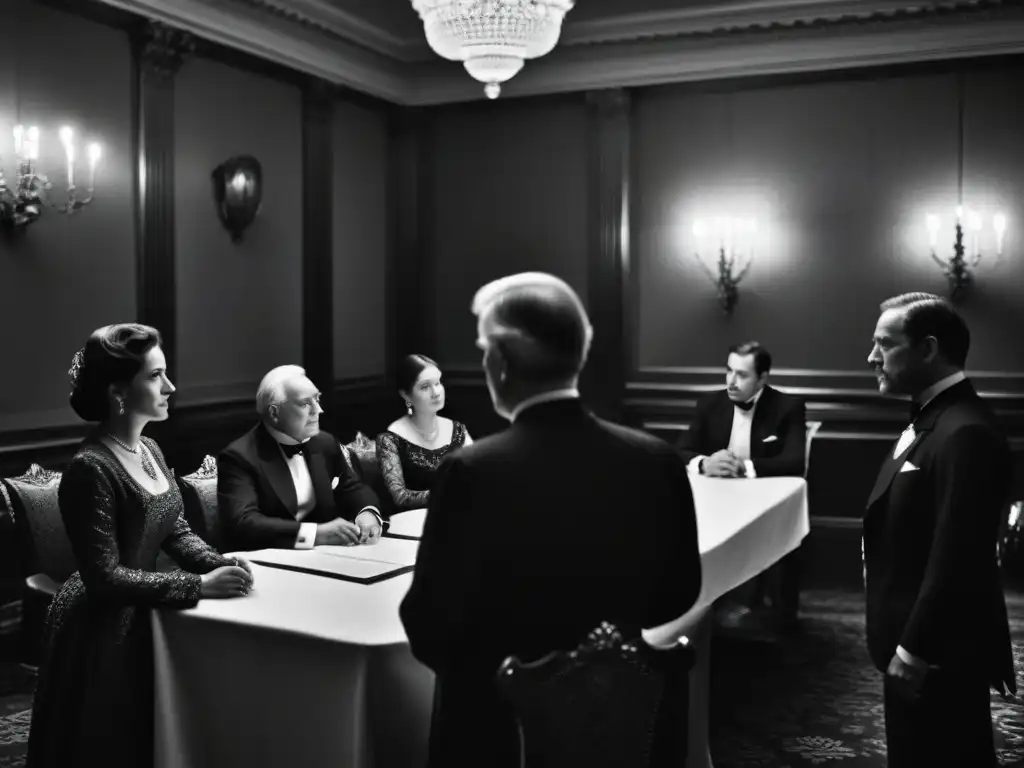 Una reunión secreta en una sala ornada y sombría, con miembros distinguidos discutiendo intensamente