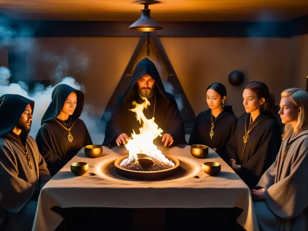 Reunión secreta en salón alquímico con figuras misteriosas en capuchas, ritual en cauldron