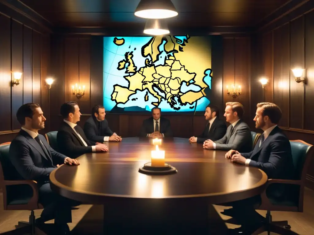 Reunión secreta de sociedades en sala iluminada por velas con mapa antiguo de la Unión Europea