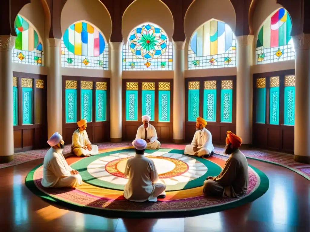 Reunión serena de sufíes en mezquita asiática, con hombres en túnicas blancas y turbantes coloridos, practicando espiritualidad