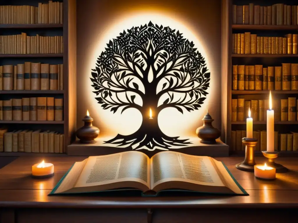 Un rincón misterioso iluminado por velas, con libros antiguos y un diagrama de un árbol de la vida kabbalístico en un pergamino