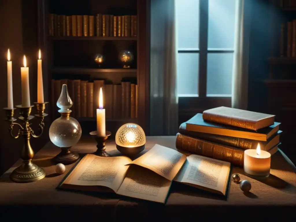 Un rincón misterioso lleno de libros antiguos, velas y bolas de cristal, creando un ambiente de sociedades secretas y terapias alternativas