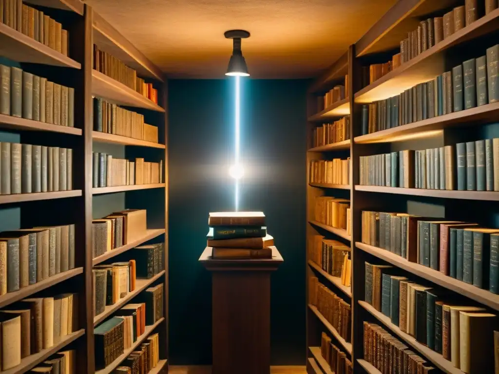 Misterioso rincón de libros antiguos sobre sociedades secretas Un rincón oscuro lleno de libros polvorientos sobre simbología esotérica, con un rayo de luz sobre 'Sociedades secretas influencia cultura popular'