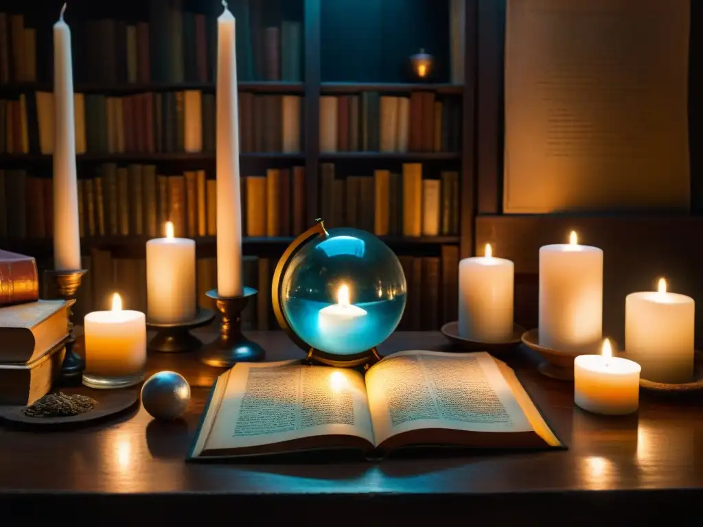 Un rincón oscuro repleto de libros antiguos, velas titilantes y una mesa con bola de cristal, cartas de tarot y hierbas secas