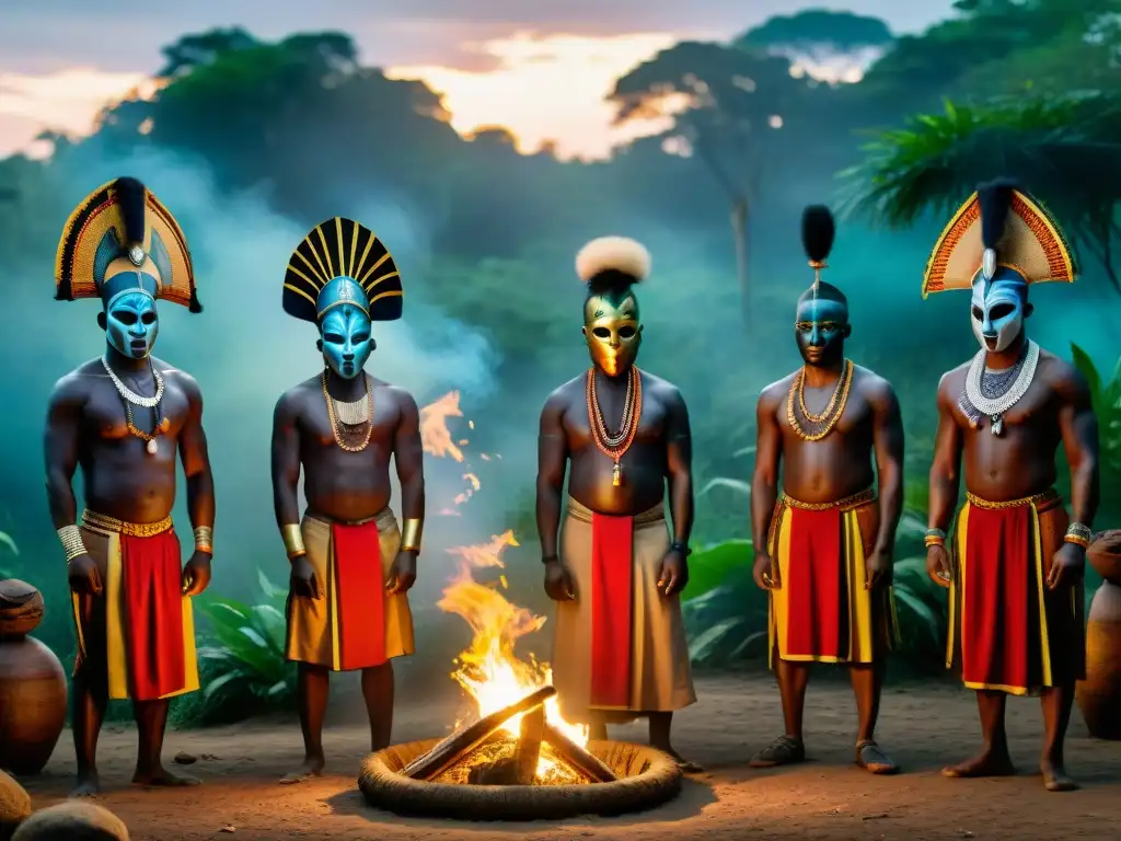 Ritual africano al atardecer en la jungla con miembros de Sociedades Secretas Africanas influencia moderna