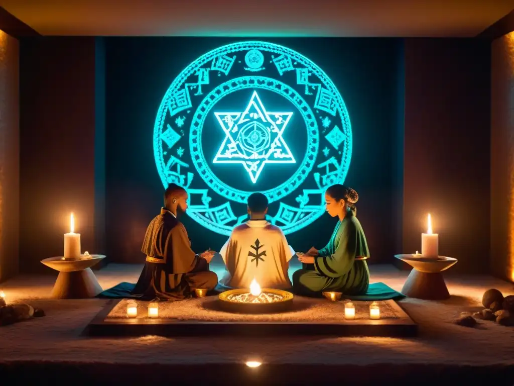 Un ritual ancestral se mezcla con la tecnología moderna en una sala iluminada por velas