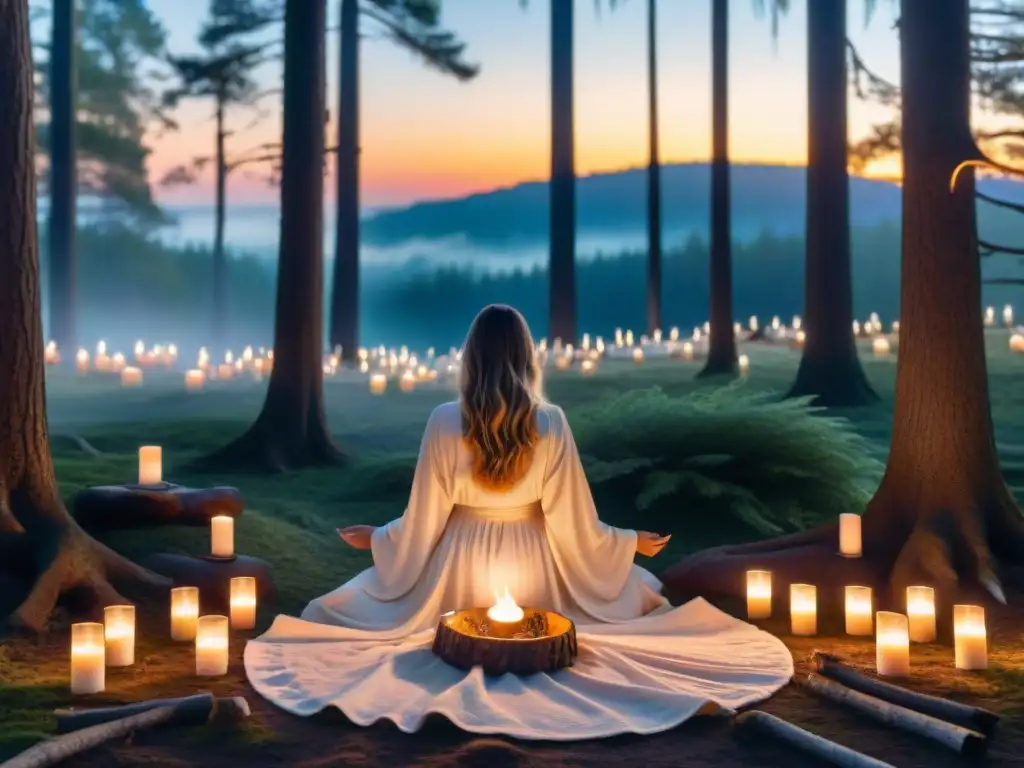 Ritual de protección del espíritu y el aura en un bosque místico al atardecer