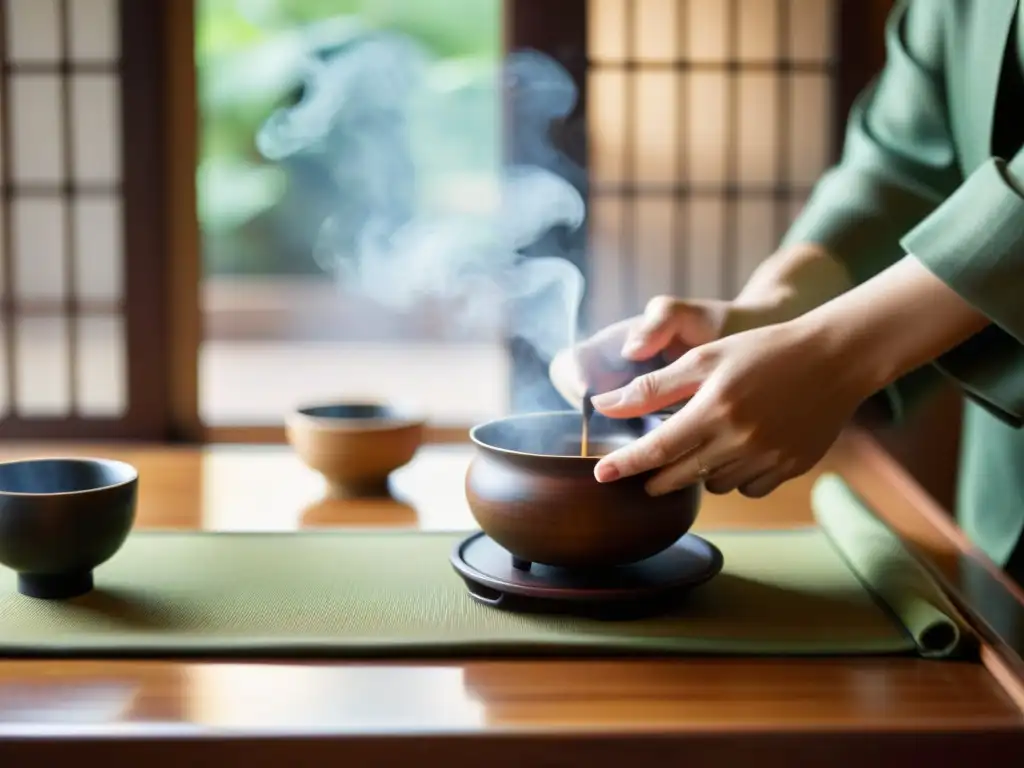 Ritual de té ceremonial: manos delicadas sostienen un cuenco tradicional rodeado de utensilios en una mesa de madera