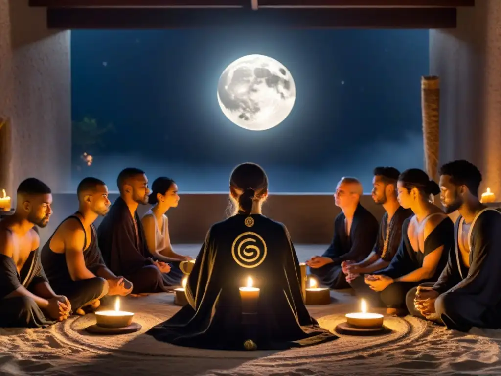 Un ritual esotérico bajo la luna llena: individuos en un cuarto oscuro rodeados de símbolos y velas